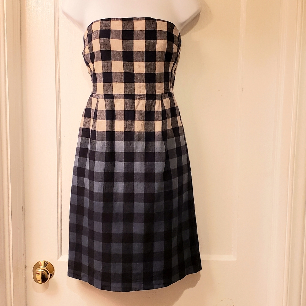 Womens Gap Strapless Linen Dress 6 Blue Grey Check